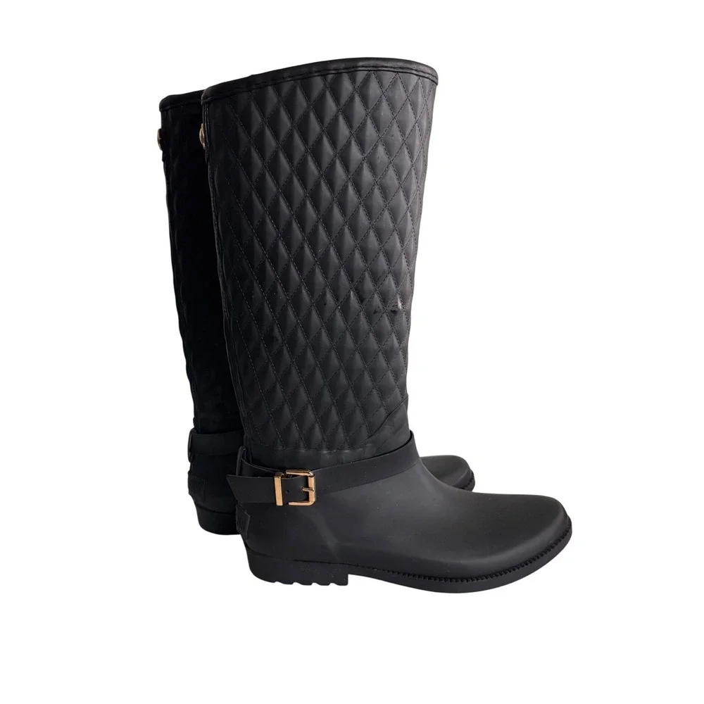 Guess GWJULUE Black Quilted Tall Rain Boots Matte Buckle Detail Womens 9